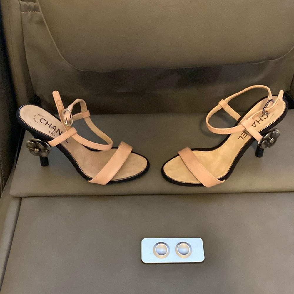 Authentic Chanel shoe with camellia flower on heels